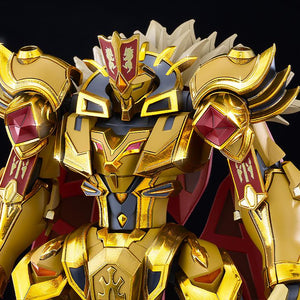 Close-up view of the Moderoid Goldleo Royal Metallic Version highlighting the lion-themed head sculpt, golden chestplate, and shoulder armor.