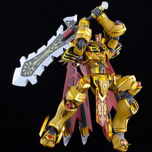 Action pose of the Moderoid Goldleo Royal Metallic kit executing a two-handed overhead jumping sword strike.