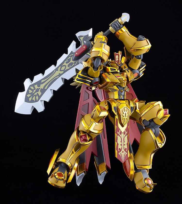 Action pose of the Moderoid Goldleo Royal Metallic kit executing a two-handed overhead jumping sword strike.