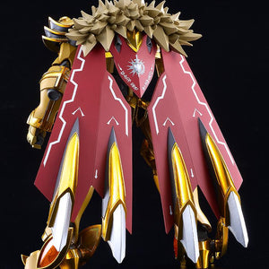 Rear view of the Moderoid Goldleo Royal Metallic Version showing the maroon cape binders, gold thrusters, and lion mane sculpt.
