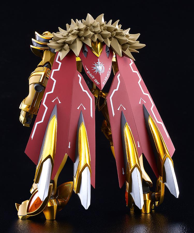 Rear view of the Moderoid Goldleo Royal Metallic Version showing the maroon cape binders, gold thrusters, and lion mane sculpt.