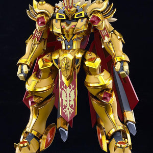 Front view standing hero pose of the Moderoid Goldleo Royal Metallic Version plastic model kit without weapons on a black background.