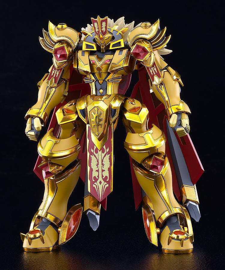 Front view standing hero pose of the Moderoid Goldleo Royal Metallic Version plastic model kit without weapons on a black background.
