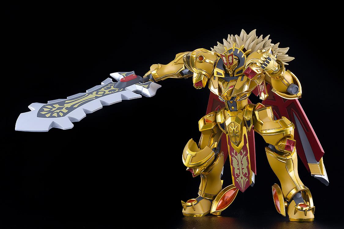 Moderoid Goldleo Royal Metallic Version mecha in a dynamic combat stance preparing to swing its greatsword.