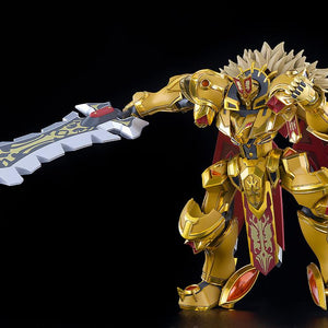 Moderoid Goldleo Royal Metallic Version mecha in a dynamic combat stance preparing to swing its greatsword.