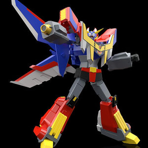 Action pose of the fully combined MODEROID Great Ganbaruger model kit aiming its massive forearm energy cannon straight forward.