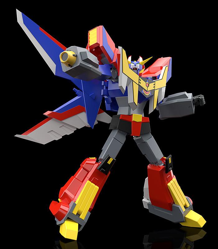 Action pose of the fully combined MODEROID Great Ganbaruger model kit aiming its massive forearm energy cannon straight forward.