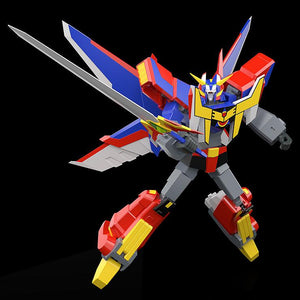 High-angle dynamic aerial combat pose of the combined Great Ganbaruger model kit wielding its giant sword accessory.