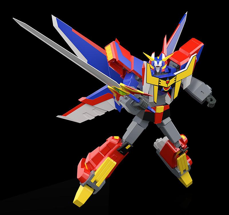High-angle dynamic aerial combat pose of the combined Great Ganbaruger model kit wielding its giant sword accessory.