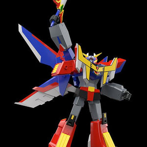 Dramatic action shot of the combined MODEROID Great Ganbaruger robot raising its giant golden-hilted sword high into the air in a victory stance.