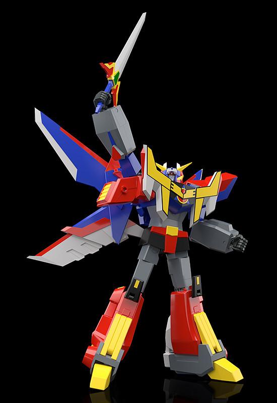 Dramatic action shot of the combined MODEROID Great Ganbaruger robot raising its giant golden-hilted sword high into the air in a victory stance.