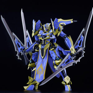 Front view of the base Ikaruga Silhouette Knight model kit displaying its armor and swords against a dark background.