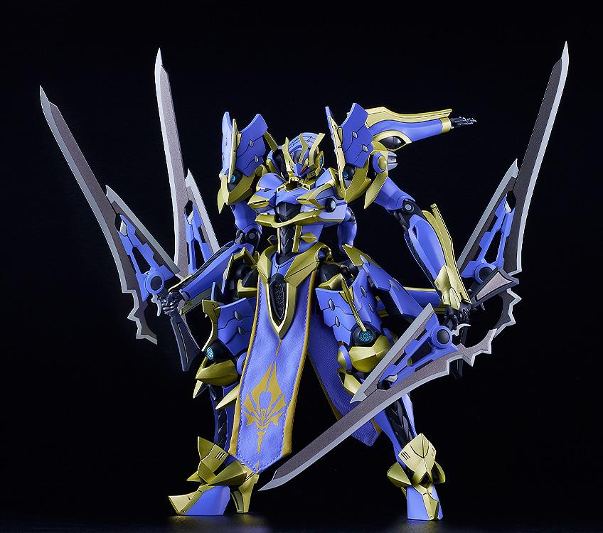 Front view of the base Ikaruga Silhouette Knight model kit displaying its armor and swords against a dark background.