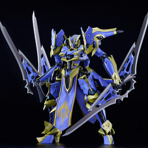 Front view of the Ikaruga Silhouette Knight model kit displaying its blue and gold armor against a dark background.
