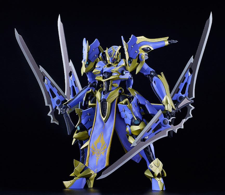 Front view of the Ikaruga Silhouette Knight model kit displaying its blue and gold armor against a dark background.
