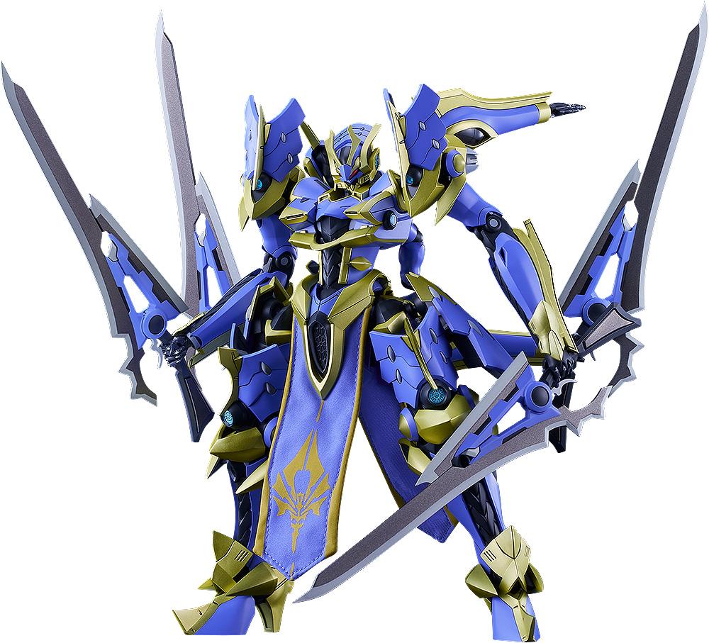 Front view of the assembled MODEROID Ikaruga DX-Scale (Light Novel Ver.) model kit on a white background, wielding four Sword Cannons.