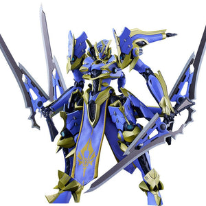 Front view of the assembled MODEROID Ikaruga DX-Scale (Light Novel Ver.) model kit on a white background, wielding four Sword Cannons.