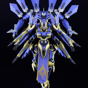 Full front view of the Ikaruga model kit hovering with its sub-arms deployed against a dark background.