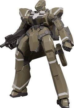 Full front view of the KG-7 Areion MODEROID model kit in olive drab armor with white stripe decals.