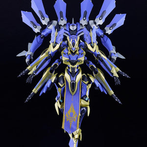 Front view of the fully combined Magatsu-Ikaruga model kit hovering against a dark background.