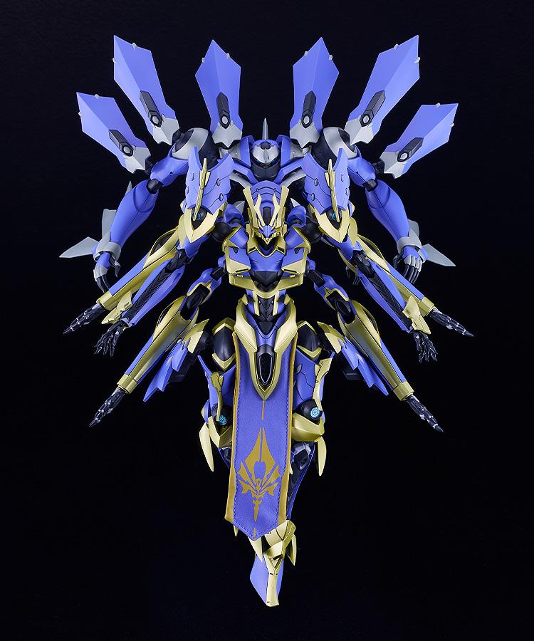 Front view of the fully combined Magatsu-Ikaruga model kit hovering against a dark background.