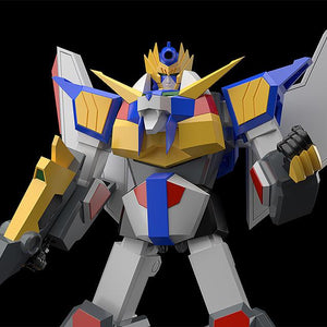 Close-up shot of the head crest, lion-headed chest plate, and upper torso armor details of the MODEROID Revolger transformable model kit.