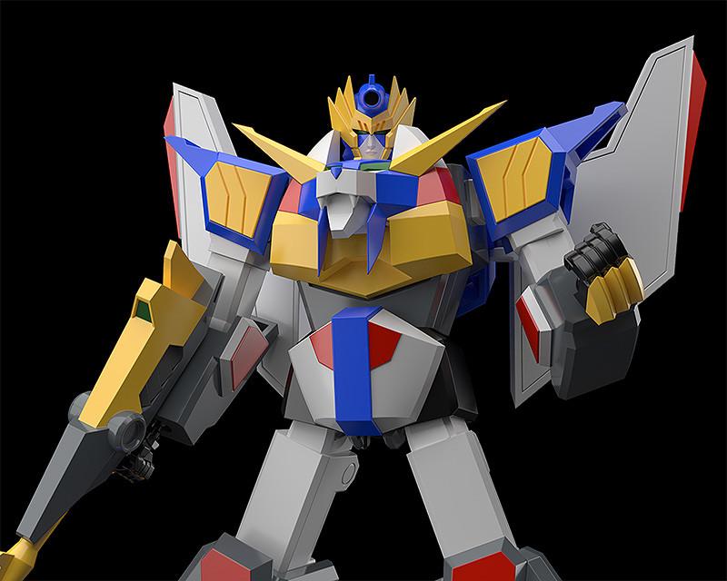 Close-up shot of the head crest, lion-headed chest plate, and upper torso armor details of the MODEROID Revolger transformable model kit.