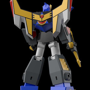 Rear view of the Good Smile Company MODEROID Revolger model kit showing back thrusters, gold wing accents, and leg armor structures.