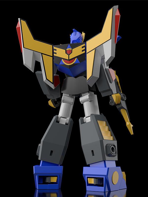 Rear view of the Good Smile Company MODEROID Revolger model kit showing back thrusters, gold wing accents, and leg armor structures.