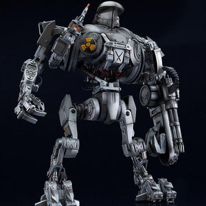 Studio shot of the assembled RoboCop 2 Cain model kit in a neutral standing pose, highlighting its complex robotic proportions.