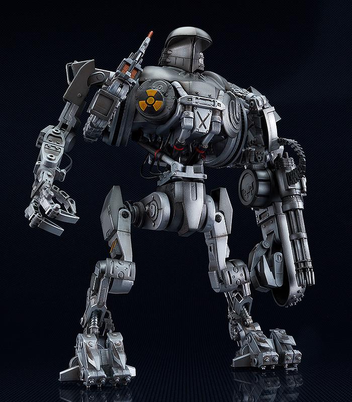 Studio shot of the assembled RoboCop 2 Cain model kit in a neutral standing pose, highlighting its complex robotic proportions.
