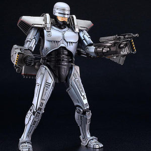 175mm RoboCop 3 figure aiming the specialized Gunarm attachment, showcasing the kit's metallic silver finish.