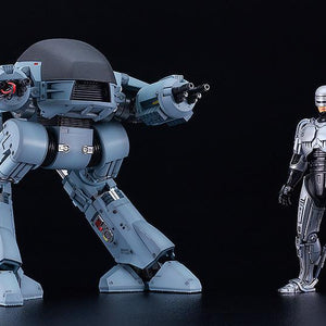 Scale comparison shot featuring the MODEROID RoboCop standing next to the MODEROID ED-209 urban pacification unit.