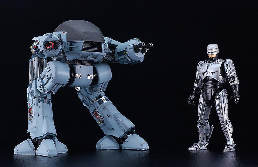 Scale comparison shot featuring the MODEROID RoboCop standing next to the MODEROID ED-209 urban pacification unit.