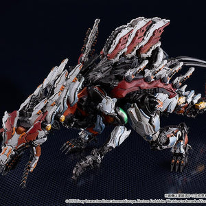 Low-angle front view of the Slaughterspine machine model, emphasizing its predatory combat class stature and mechanical density.