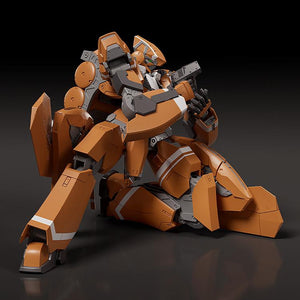 Close-up of the KG-6 Sleipnir model kit kneeling and using its handgun accessory for close-quarters combat.