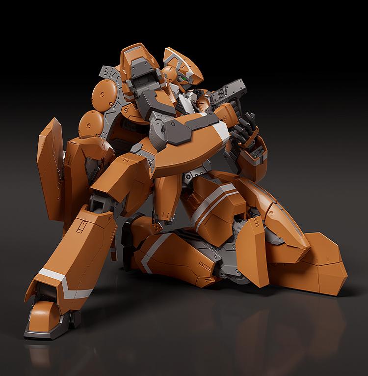 Close-up of the KG-6 Sleipnir model kit kneeling and using its handgun accessory for close-quarters combat.