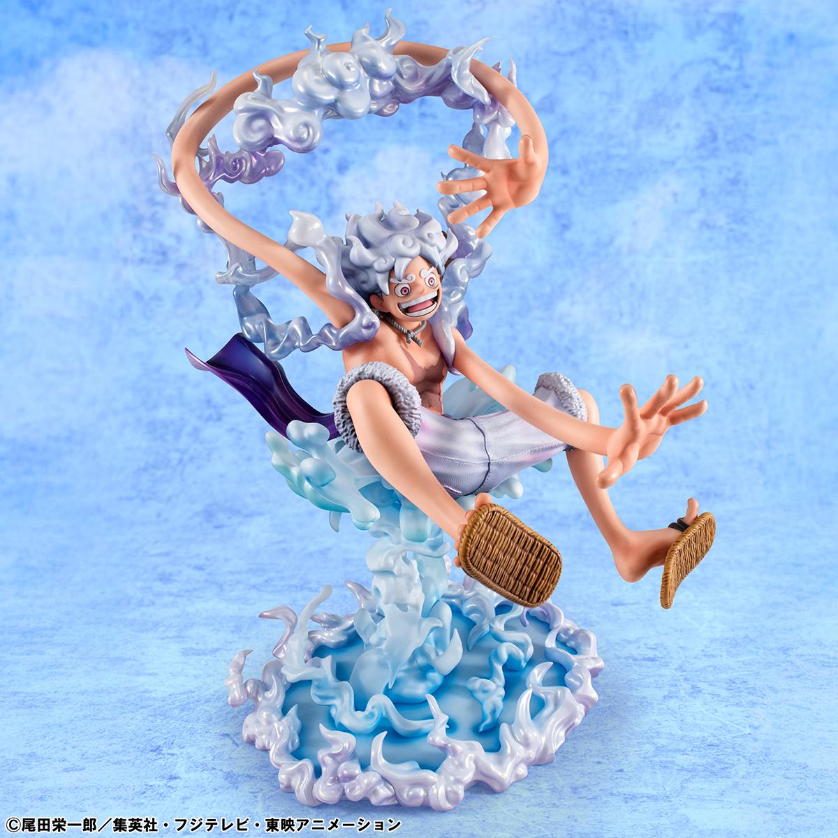 Full body studio shot of the 10.23-inch Luffy Gear 5 Portrait.Of.Pirates scale figure.