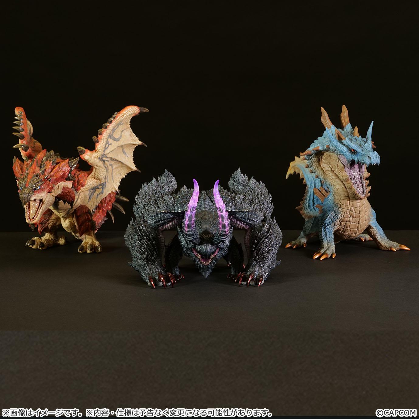 Group display of Capcom Figure Builder Sofvi Model figures featuring Rathalos, Gore Magala, and Lagiacrus.