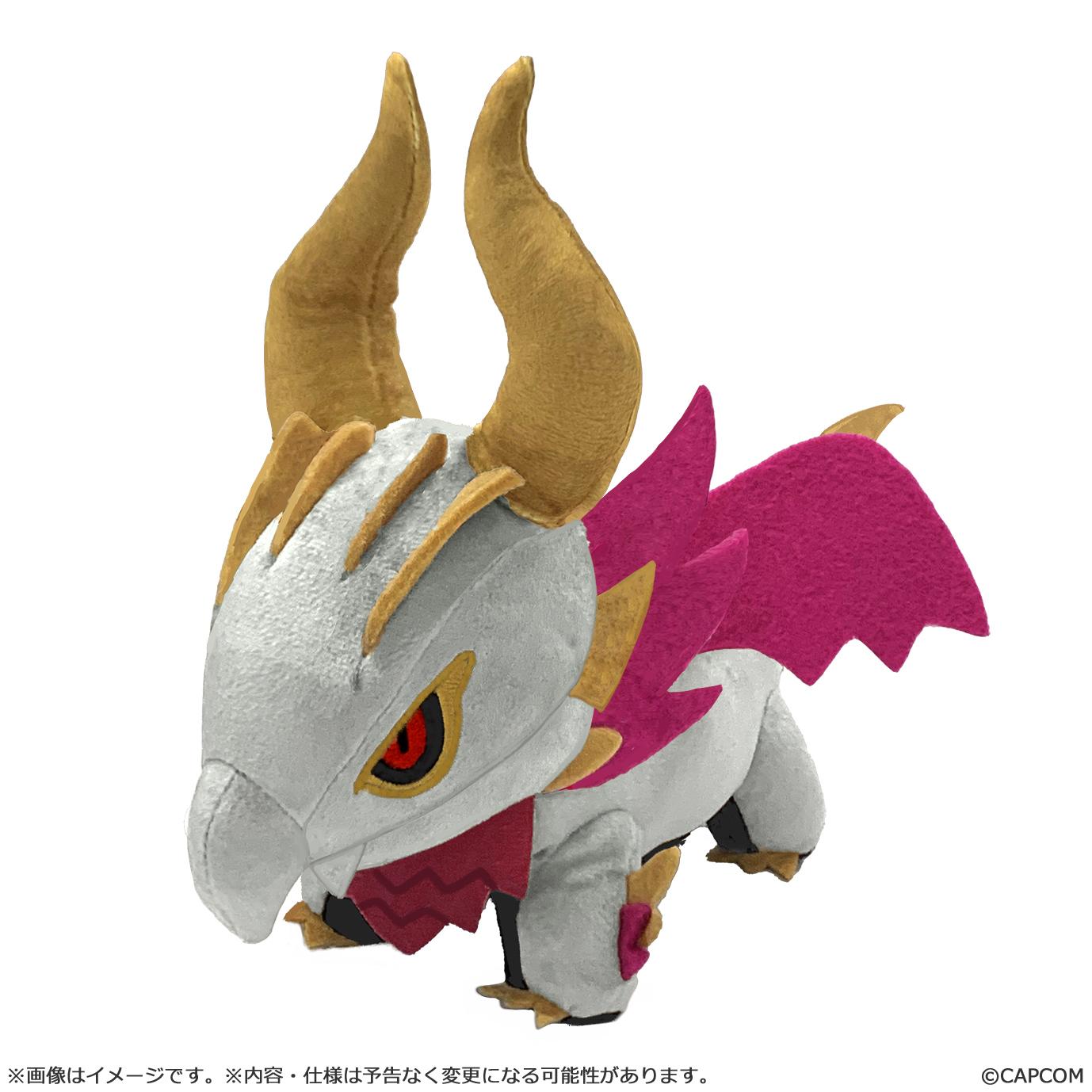 Side view of the Monster Hunter Chibi Malzeno Plush featuring large gold horns, red eyes, and magenta wing details.