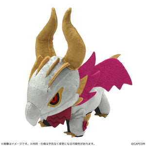 Side view of the Monster Hunter Chibi Malzeno Plush featuring large gold horns, red eyes, and magenta wing details.