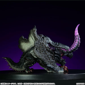 Side profile view of the non-articulated Gore Magala vinyl figure showcasing scale texturing and purple antennae.