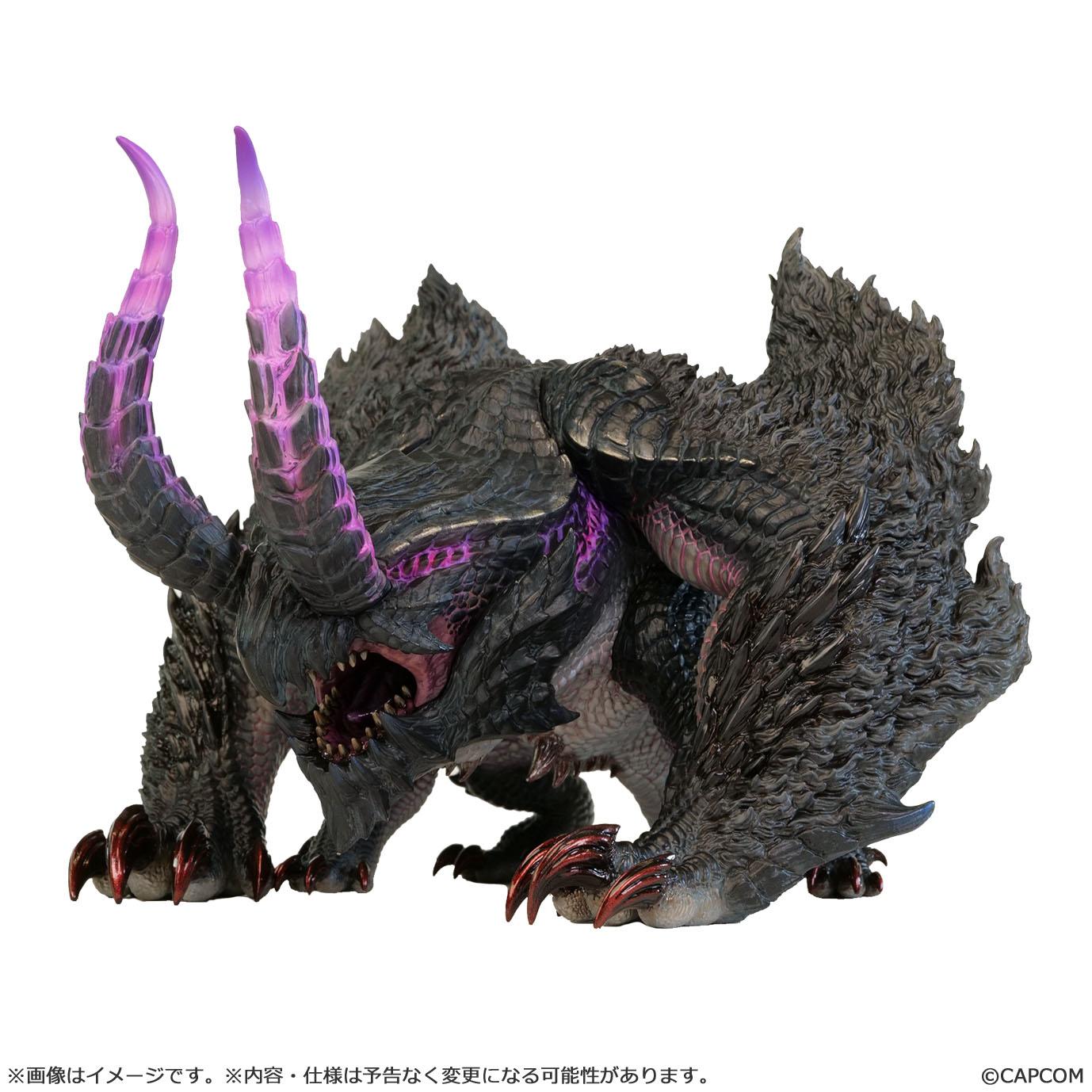 Three-quarter front view of the Capcom Figure Builder Sofvi Model Gore Magala vinyl figure featuring purple feelers and dark wing-arms.