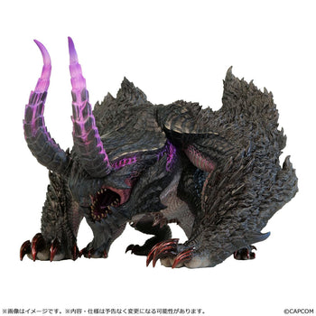 Three-quarter front view of the Capcom Figure Builder Sofvi Model Gore Magala vinyl figure featuring purple feelers and dark wing-arms.