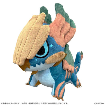 Front view of the Monster Hunter Jin Dahaad Chibi Plush by Capcom, featuring a stylized blue and orange monster with soft polyester fabric and large embroidered eyes.