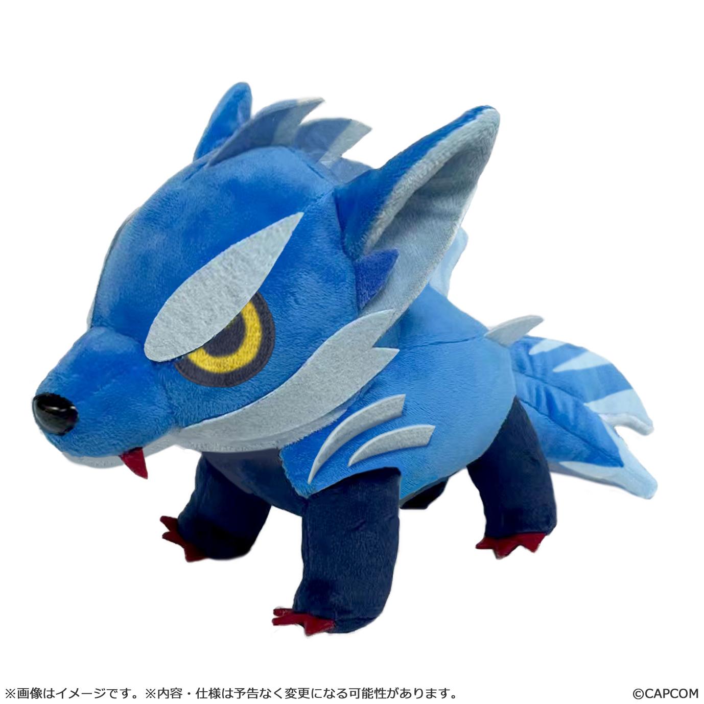 Profile view of the Monster Hunter Lunagaron Chibi Plush by Capcom, featuring a stylized blue wolf design with yellow eyes.
