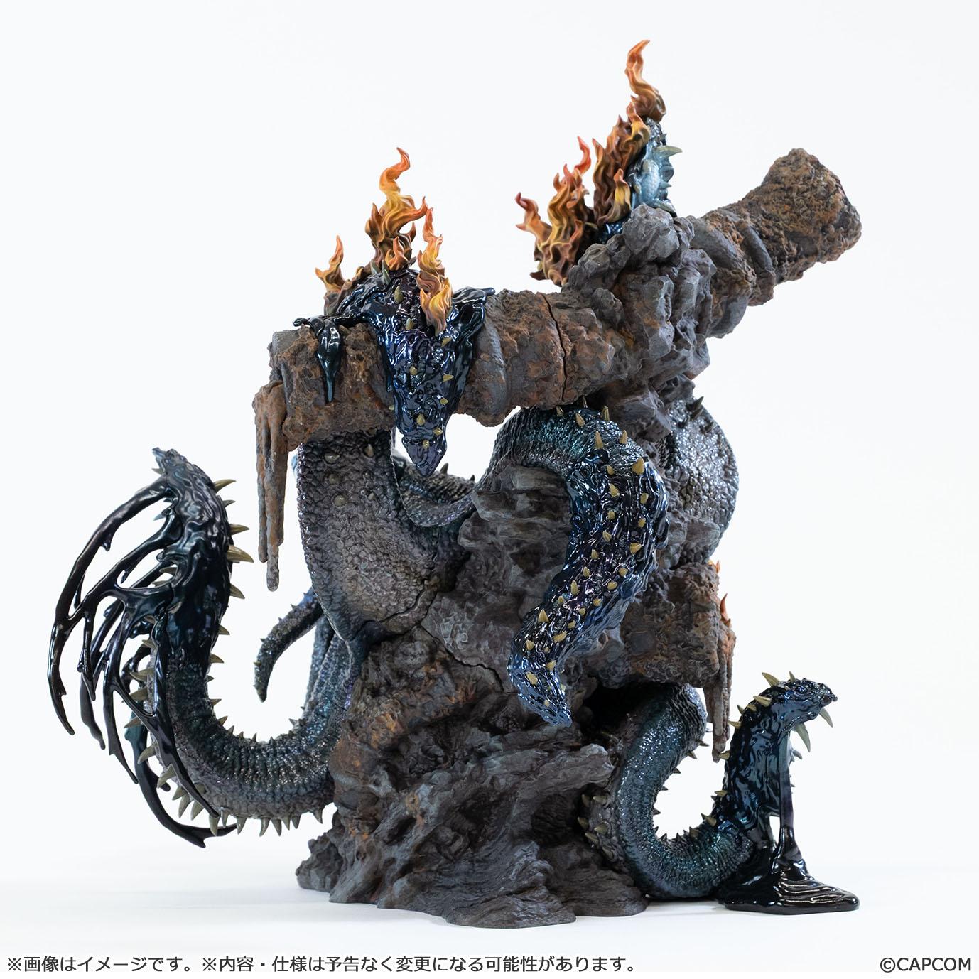 Full rear view of the Capcom Creator's Model Monster Hunter Nu Udra figure, displaying the detailed rock base, the back of the corrupted shipwreck mast, and coiled, spiked tentacles with orange flame effects.