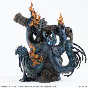 Eye-level front studio view of the Monster Hunter Nu Udra limited edition statue by Capcom, detailing the spiked tentacles, blue glowing eyes, and textured black slime on a solid white background.