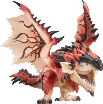 Side perspective view of the Monster Hunter Rathalos Nendoroid figure with open jaw and spread wings isolated on a white background.