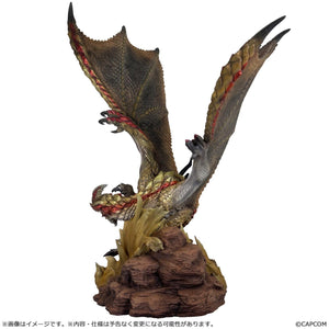 Left side profile view of the Capcom Figure Builder Seregios statue displaying spread wings and golden blade-scales.